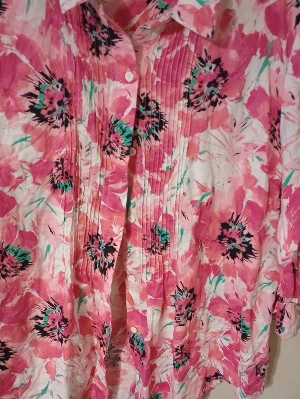 Jones New York Pink Floral Pintuck Button-Down Vacation Resort 100% Linen Shirt - Picture 4 of 7